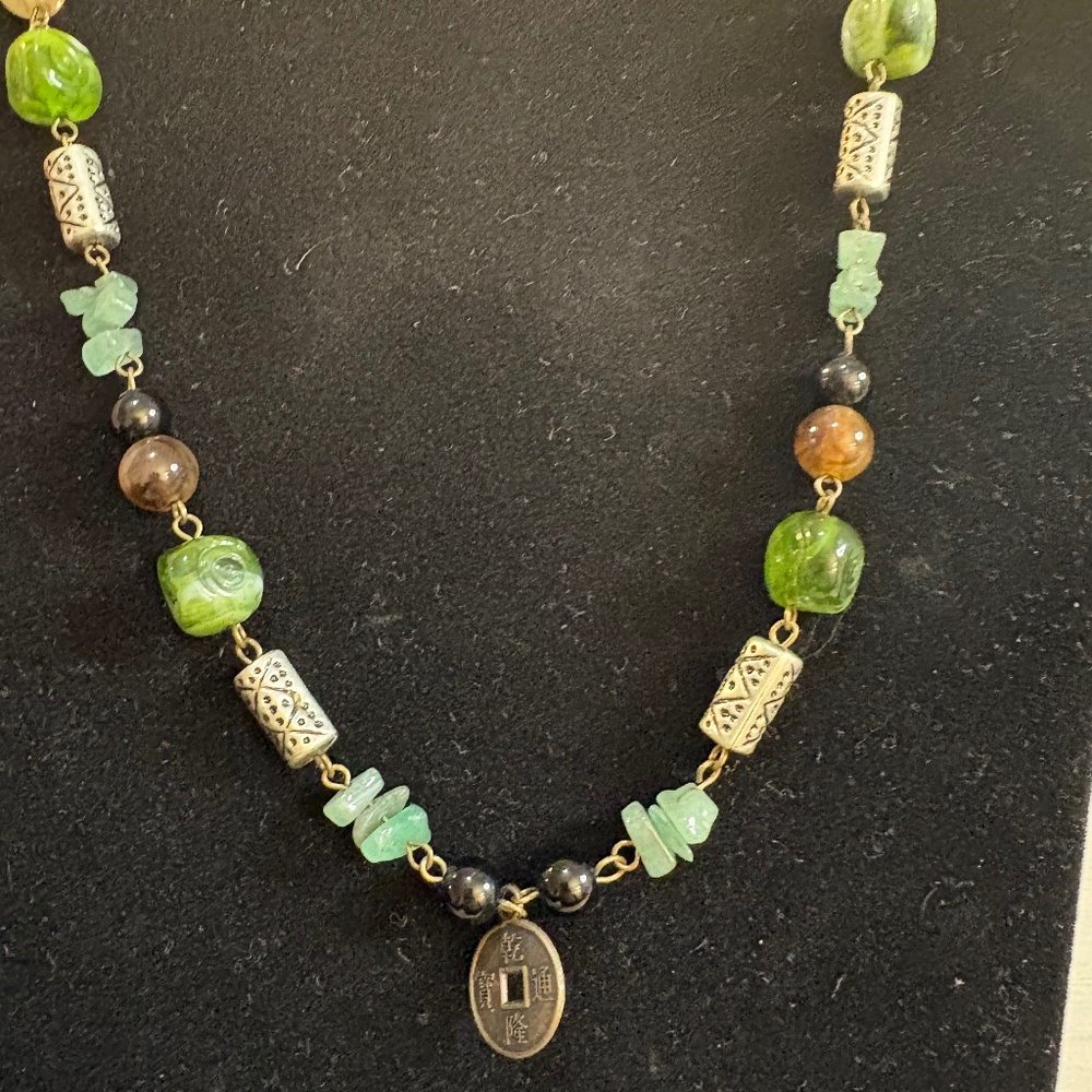 Artisan Boho Necklace with Chinese Qianlong‎ Coin Charm & Green Stone Beads